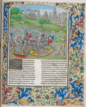 Death of Hengist and the destruction of his army, with, below, decorated initial 'Q'