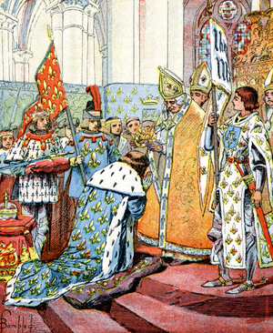 Coronation of french king Charles VII in presence of Joan of Arc on july 17, 1429 (engraving)