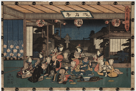 Chushingura Series: Act VII, Yuranosuke Dining with the Spy Kudayu at Ichiriki Brothel, Kyoto, on the Anniversary of Enya's Death, 1836 (woodblock print)
