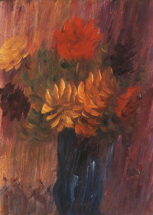 Large Still life: Red and Yellow Dahlia; Grosses Stilleben: Rote und Gelbe Dahlien, 1937 (oil on board)