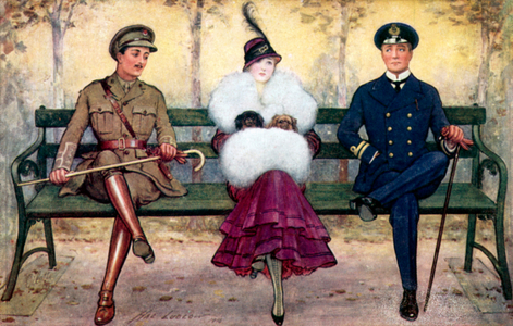 Girl on bench, with soldier and sailor on either side (colour litho)