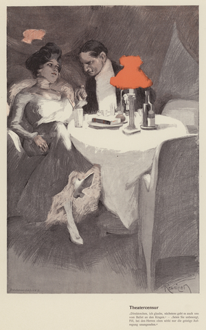 Conversation between a theatre director and an actress in a cafe (colour litho)