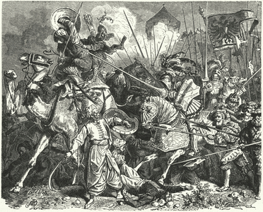Nicholas, Count of Salm, fighting the Turks at the Siege of Vienna, 1529 (engraving)