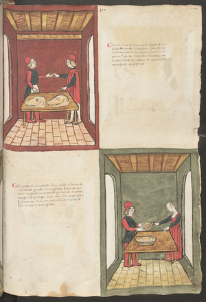 Full page: text and miniatures: " Capi di animali " : butcher and customer next to a table with detached calves'heads (miniature)