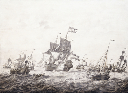Men-of-War Breaking Fishermen's Nets,  (oil on panel)