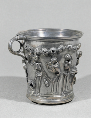 A skeleton playing the kithara, Moskion, with torch turned downwards to Hades …