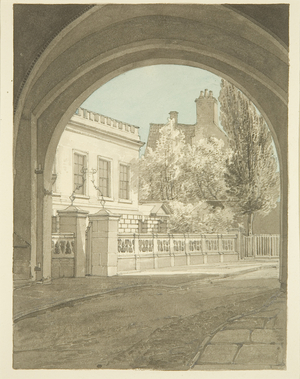 The Deanery of Bristol Cathedral seen through the Arch (pencil & w/c on paper)