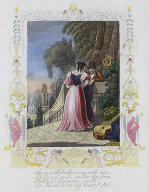 British Valentine card with an image of a man and a woman standing on a garden terrace (colour litho)