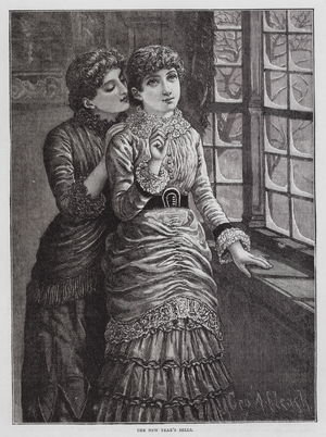 Girls listening to bells ringing in the New Year (engraving)