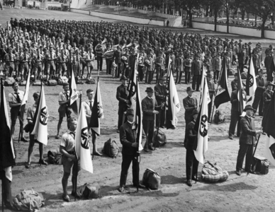 Arrival of Sudeten Germans for the Gymnastics and Sports Festival in Wroclaw, 1938 (b/w photo)