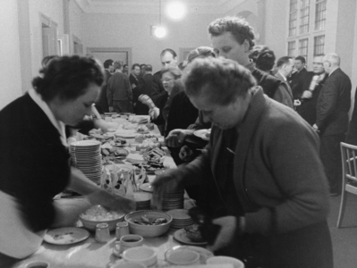 Cold buffet in the Volkskammer, 1957 (b/w photo)