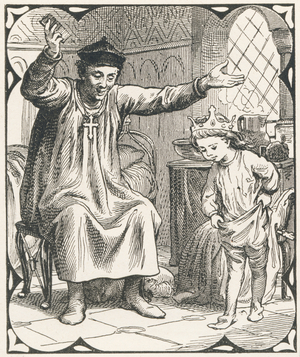 Dagobert puts his panties on backwards. Saint Eloi tells him that his panties are bad. (verse 1), 1880 (engraving)