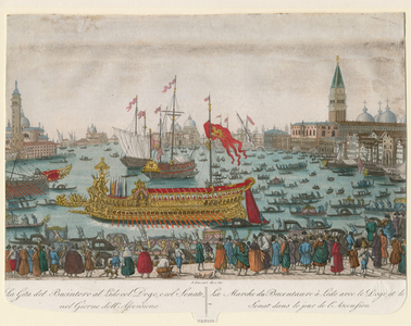 The Doge of Venice and the Senate travel to the Lido aboard the Bucentaur on Ascension Day, 1795 (coloured engraving)