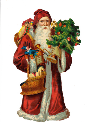 A Victorian Paper Scrap Relief of Father Christmas with toys on his back holding a Christmas tree and a basket with more toys, c.1880 (colour litho)