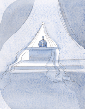 Christ draws up towards Heaven - as though wrapped in a fine cloth - those who have eaten the Divine Food at this feast., 2001 (w/c on paper)