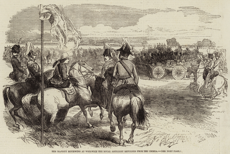 Her Majesty reviewing at Woolwich the Royal Artillery returned from the Crimea (engraving)