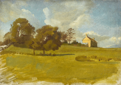 Distant view of Cotswolds Farm cottage, late 1920s (oil on canvas board)