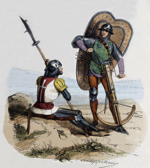 Soldiers in 1400 : lance, shield, crossbow, engraving after Felix Philippoteaux