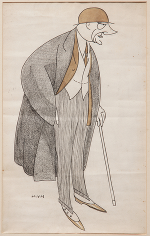 Man holding a walking stick (black ink, charcoal and watercolour on paper)