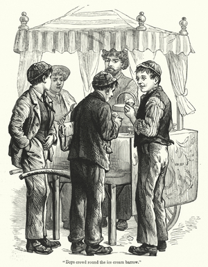 "Boys crowd round the ice cream barrow" (engraving)