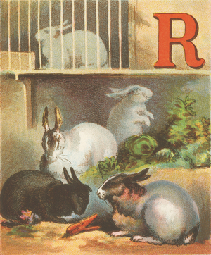 R: R for the Rabbits, White, Spotted, and Gray; Just See How That Little One Nibbles Away.,1870 (illustration)