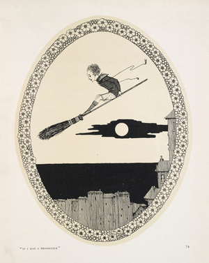 "If I had a broomstick". Illustration for a poem By Patrick R. Chalmers.
A boy on a broomstick