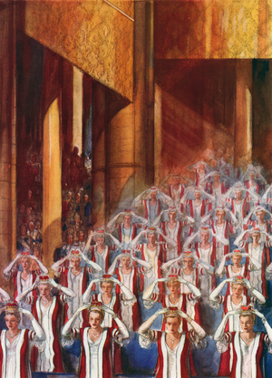 Peeresses donning their coronets, coronation of King George VI (colour litho)