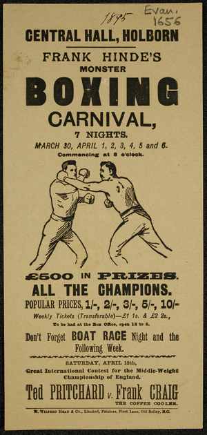Central Hall, Holborn. Frank Hinde's monster boxing carnival. An illustration of two men boxing