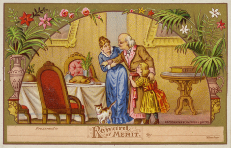 Mother and daughter helping grandfather to the dinner table (chromolitho)