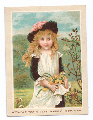 A Victorian New Year card of a girl wearing a bonnet with feathers holdinga bunch of flowers, c.1880 (colour litho)
