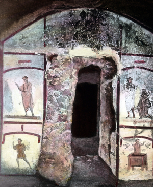 Wall paintings depicting holy Moses, the wonder spring and the healing of the gouty at a acatacomb alongside theVia Appia at Rome, Italy