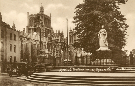 Bristol Cathedral and Queen Victoria Statue (b/w photo)