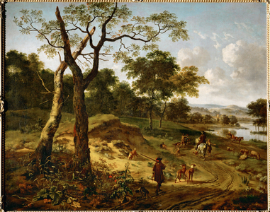 Landscape with wood and hunters (painting on canvas)
