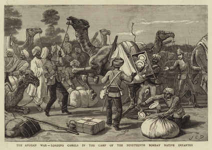 The Afghan War, loading Camels in the Camp of the Nineteenth Bombay Native Infantry (engraving)
