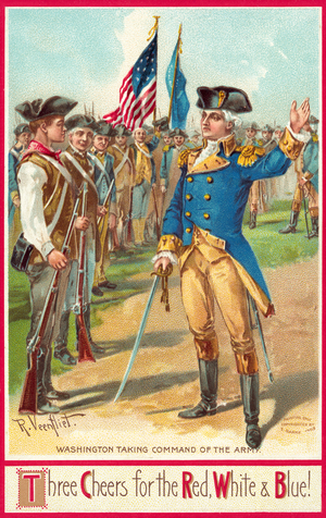 George Washington taking command of the army (colour litho)