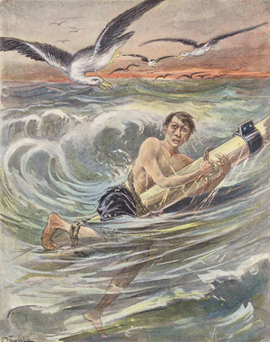 A shipwrecked sailor (colour litho)