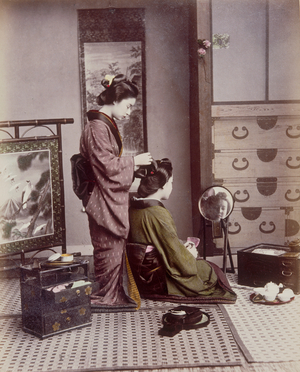 Hair Dressing, 1880-90 (hand coloured photo)
