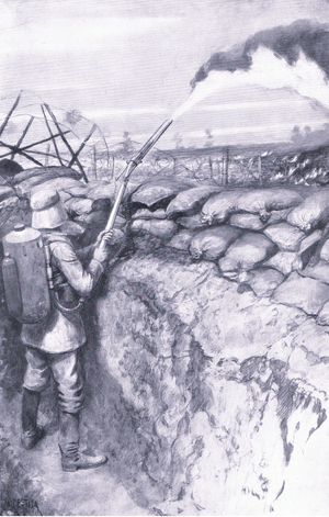 Spraying liquid fire with a 'Flammenwerfer', illustration from European History: Great Leaders and Landmarks Vol 6 The Great War published by The Gresham Publishing Company, c.1920 (litho)