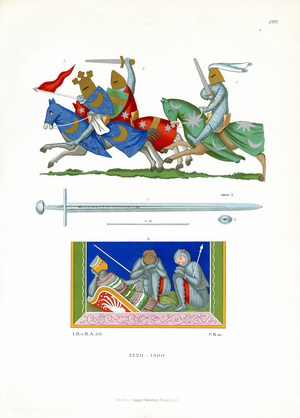 Medieval Knights and Sword Illustration (chromolitho)