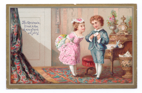 A Victorian Christmas card of a  girl with a bouquet behind her back and a boy holding an envelope, c.1880 (colour litho)