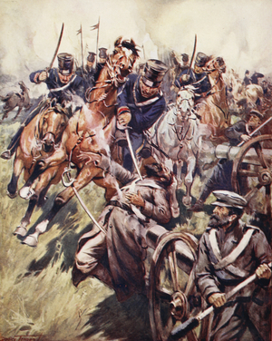"Cossack and Russian reel'd from the sabre stroke, Shatter'd and sunder'd",  from Ballads of Famous Fights, First Edition, 1920 (colour litho)