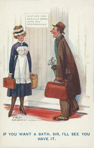 Visitors can arrange baths with the chambermaid (colour litho)