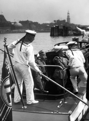 Adolf Hitler at the christening of the new schooling ship, 1939 (b/w photo)