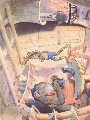 Mr Tubb stared at the feather, from Figgles Frog Sees Life published by Hutchinson, c.1942 (colour litho)