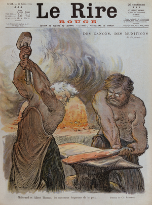Alexandre Millerand and Albert Thomas as blacksmiths forging peace, front cover illustration from 'Le Rire Rouge', 31st July 1915 (colour litho)