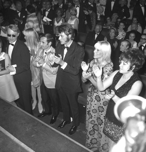 From left to right, Ulla Thorsell, Charles Aznavour, Johnny Hallyday, Sylvie Vartan and Regine at the premiere of Sammy Davis Jr at the Olympia, Paris, France, 1967 (photo)