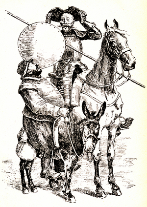 Don Quichotte sur son cheval, a cote de Sancho sur son ane, 19e siecle (illustration)