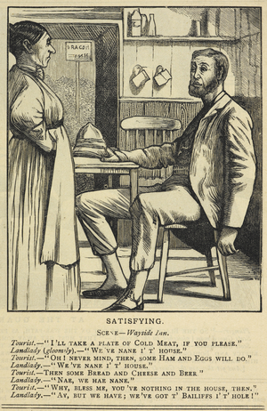 Satisfying. scene - wayside inn. A tourist asks for various refreshments, but is refused. Illustration in 'Fun'.
