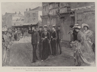 The Prince of Wales, Princess Victoria, Princess Maud, and Prince Charles of Denmark shopping at Cowes (engraving)