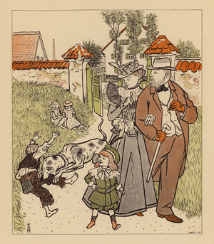 Family out for a walk watching their dog biting a dirty urchin on the leg (colour litho)